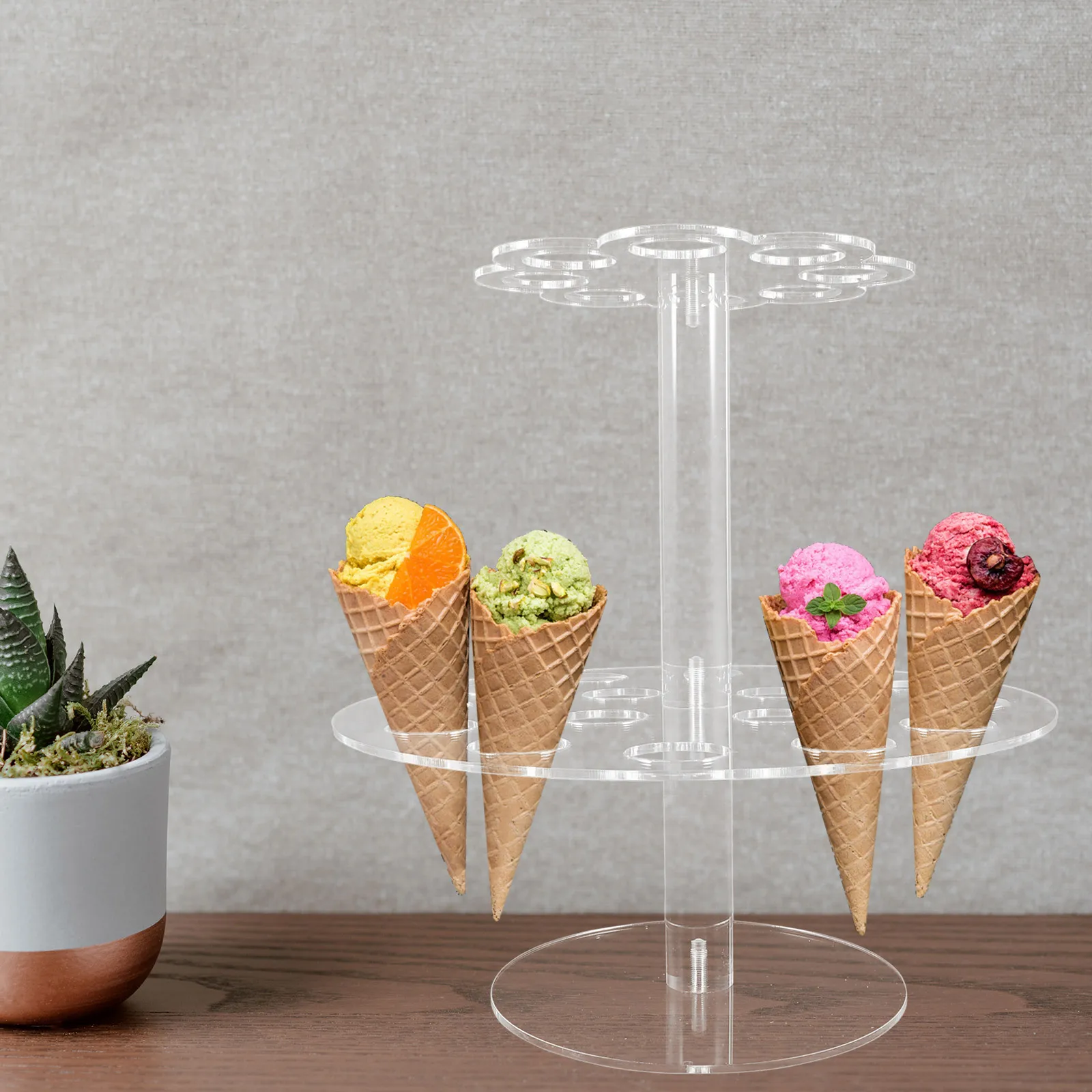 

2 Tier Acrylic Ice Cream Cone Holders Transparent Display for Cake Shop Cafe Restaurant Party Storage Racks