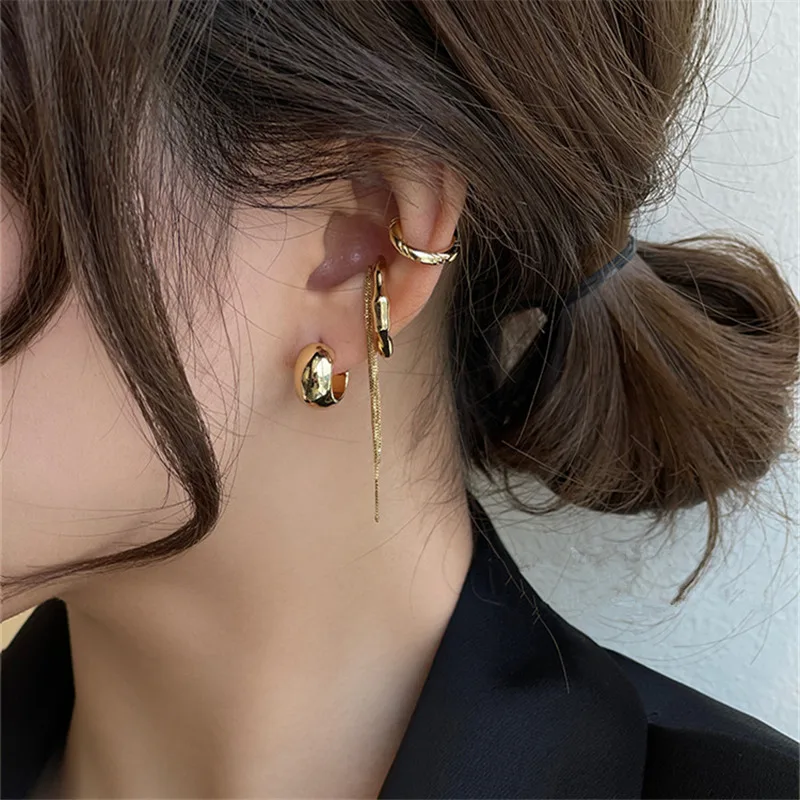 New Design Gold Silver Color Metal Geometric Irregular Tassel Chain Clip Earrings for Women Non Pierced Ear Cuff 2022 Jewelry