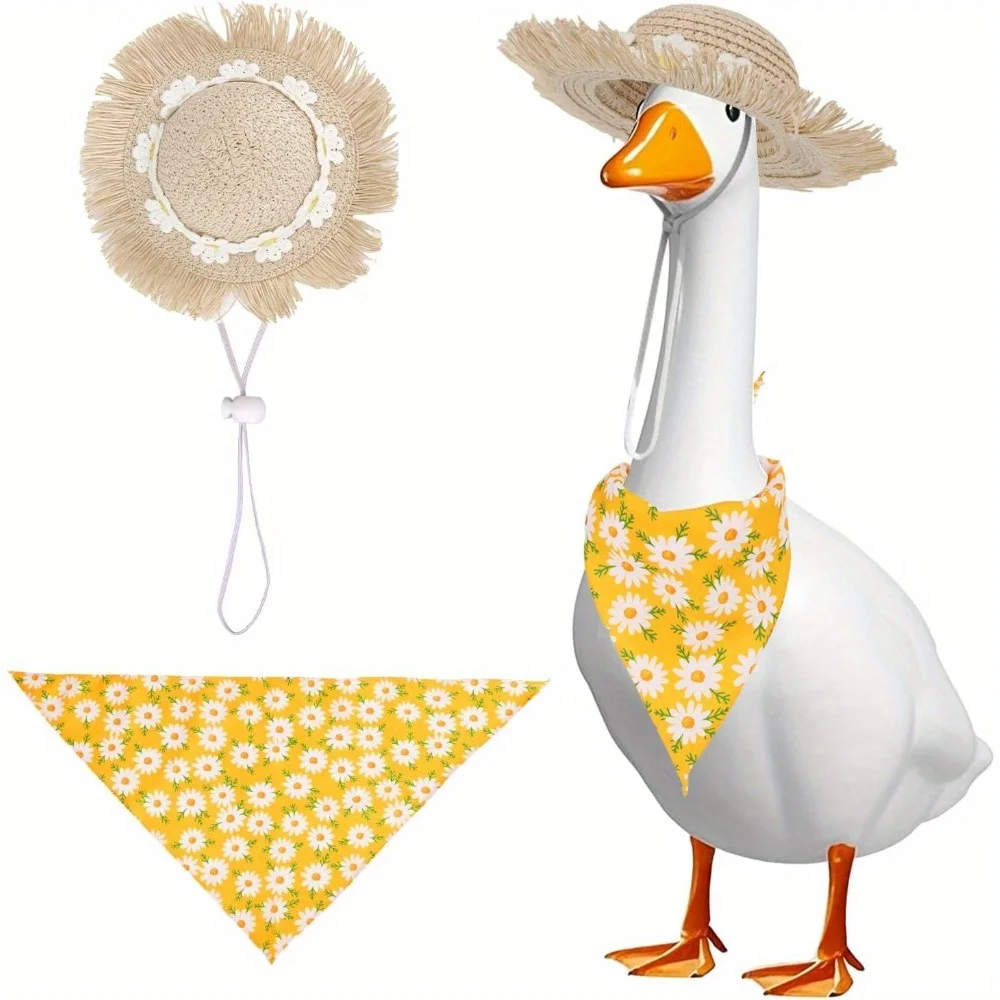Pastoral Style Porch Goose Outfits, Summer Autumn Goose Clothes Dress Set Buckwheat Hat & Bandana Scarf For 23