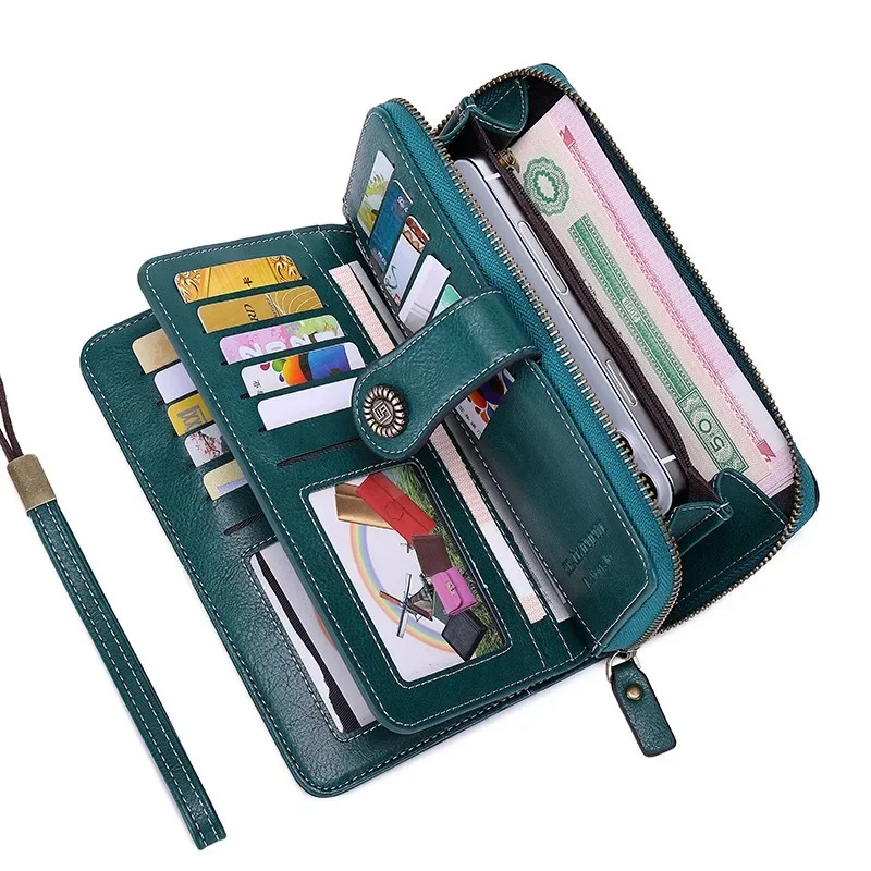 

Women RFID Anti-theft Brush Retro Large Capacity Long Multi-card Women's Wallet Multi-function Zipper Wallet with Wrist Strap