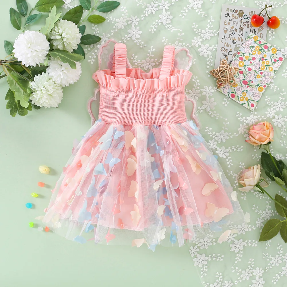 Summer Beach Birthday Party Baby Girl Princess Dress For Young Children 3d Fairy Butterfly Wings Suspender Mesh Cute Dress