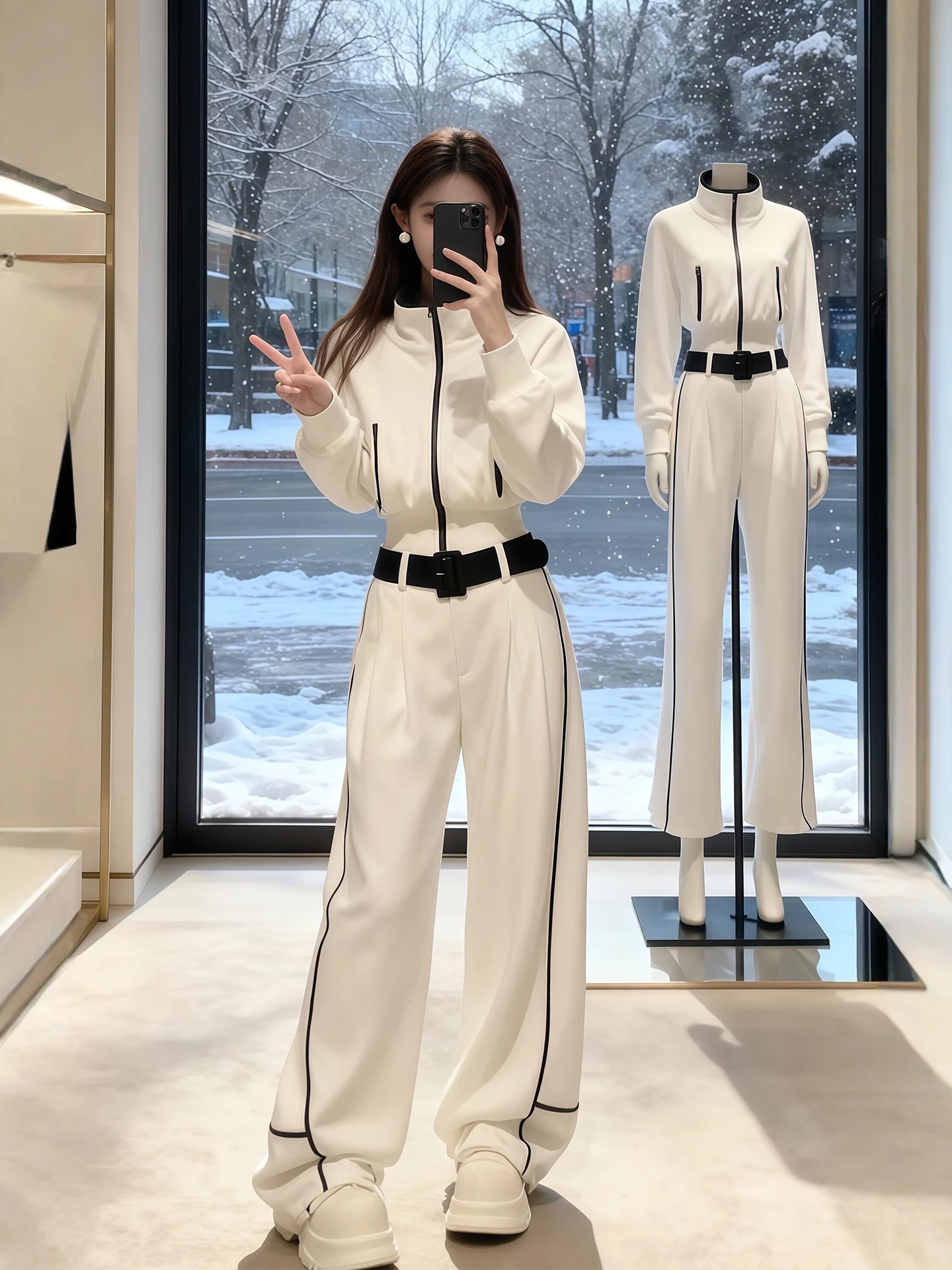 

Зимний теплый комплект: толстовка на флисовой подкладке и повседневные брюки для женщин, спортивный стиль, высокая талия, свободный крой, застежка-молния