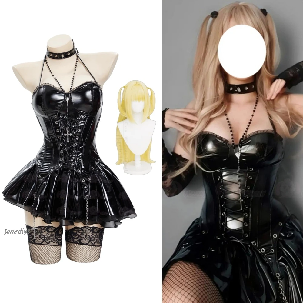 

В наличии Miss Misa Хэллоуин Готический черный корсет на шнуровке Топ и юбка с сетчатыми чулками и рукавами Косплей Костюм и парик