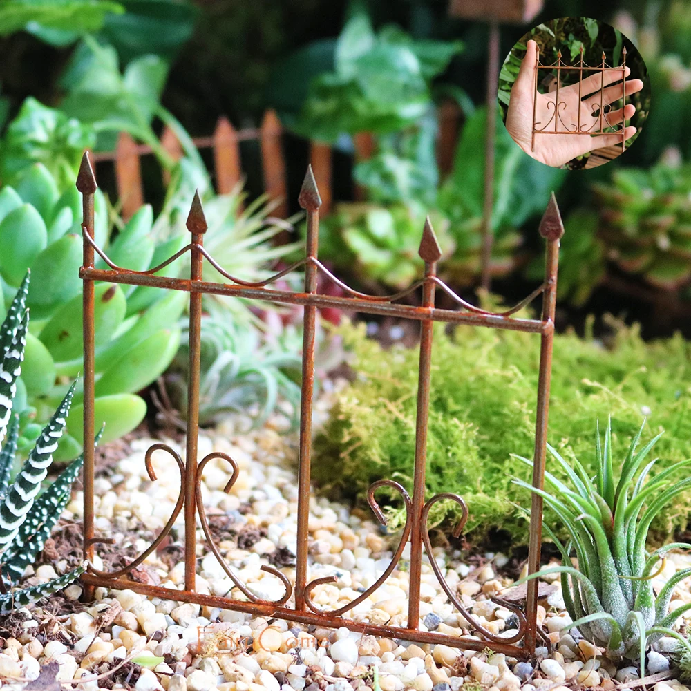 Fairy Garden Miniature Fence Gate Rusty Iron Craft Mini Zen Garden Ornaments Retro Fence Flower Pot Decor Terrarium Supplies