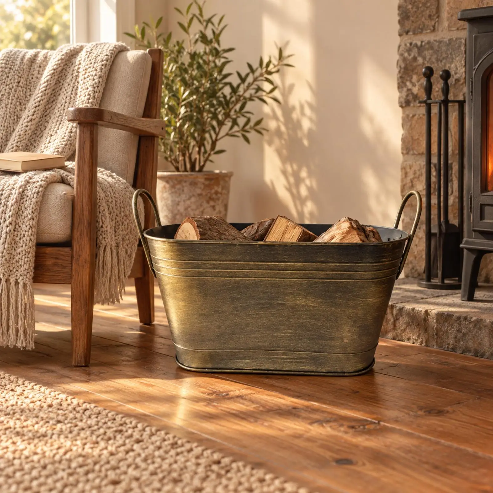 Firewood Storage Bin Open-Top Fireplace Wood Bin Iron Wood Basket Bronze-Colored Metal Tub with Handles Rustic for Patio
