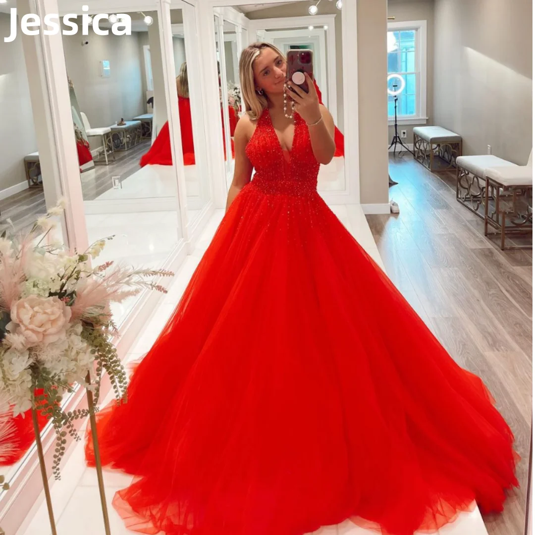 

Jessica Red Wedding Dress Dress V-neck Tulle Prom Dresses Glitter Beads Evening Dresses Sweet Princess Party Dresses 2024