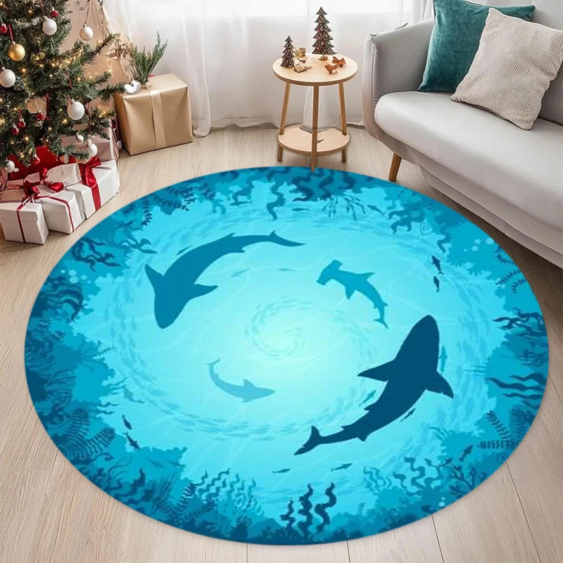 Round Blue Ocean Shark Silhouette Print Area Rug Soft Non-Slip Underwater Floor Mat Nautical Home Decor Carpet for Living Room