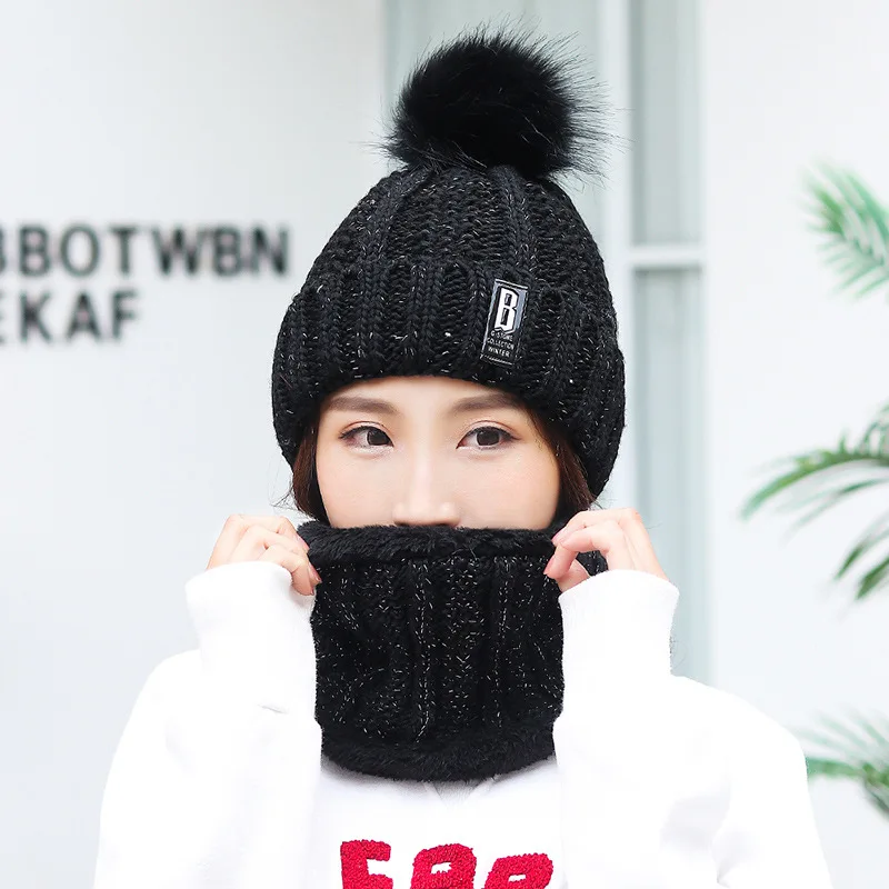 

Fashion Women Wool Knitted Hat and Scarf Suit Winter Outdoor Ski Windproof Knit Hat Thicken Keep Warm Pompoms Caps Two-piece Set