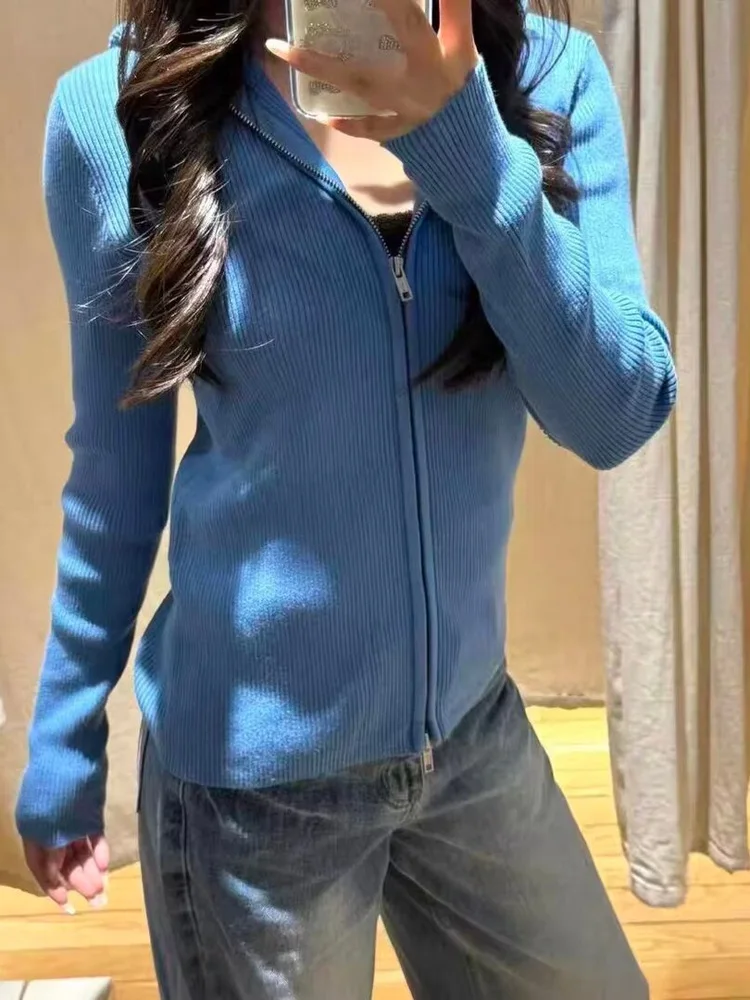 Cárdigan de punto con cremallera para mujer American Sle Brandy, ajustado, versátil, suéter azul, chaqueta de manga larga con cuello alto