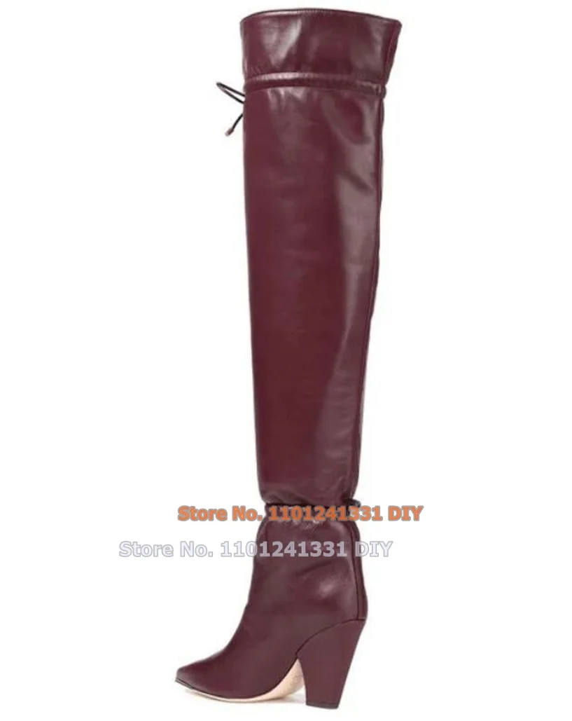 Brown Leather Minimalist Chunky Heeled Gathered Over The Knee Boots Women Pointed Toe Lace Up Thigh High Long Booties