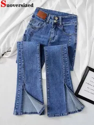 Jeans Skinny a vita alta con spacco svasato coreano Streetwear pantaloni Casual in Denim elasticizzato donna Oversize 4xl lunghezza alla caviglia Kot Pantolon