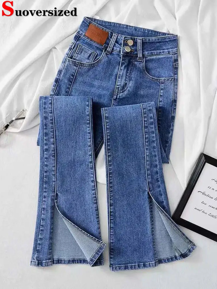 Skinny High Waist Split Flare Jeans Korean Streetwear Casual Stretch Denim Pants Woman Oversize 4xl Ankle Length Kot Pantolon