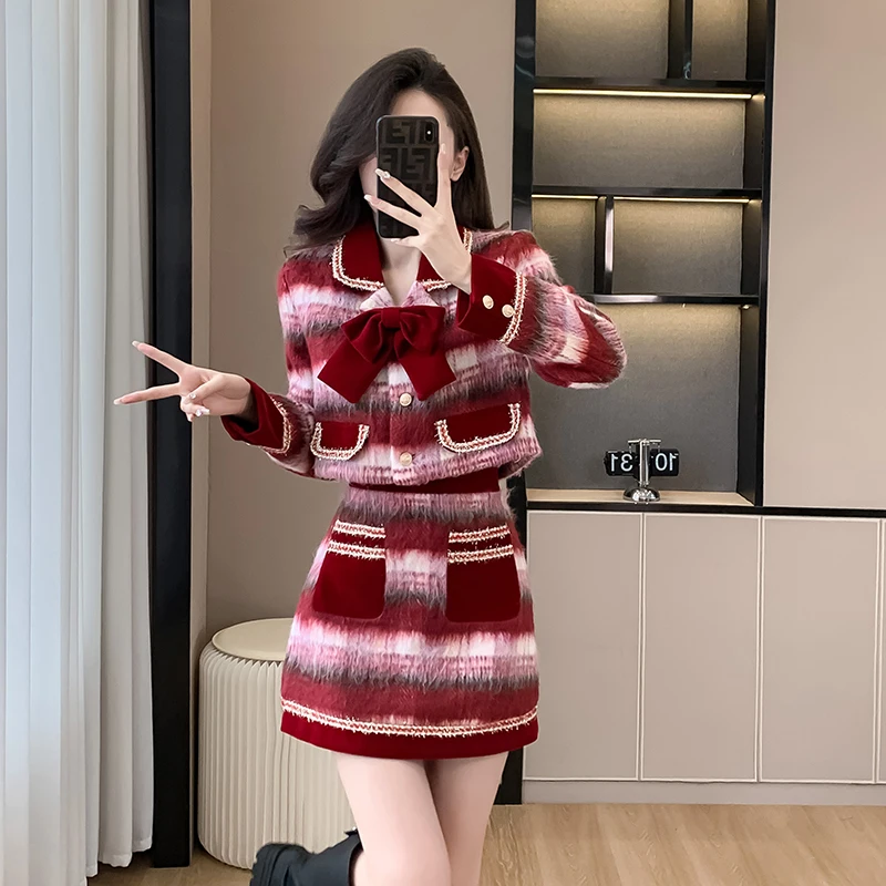 High Quality Sweet Fashion Two Piece Set Women Thick Warm Bow Jacket Coat + Skirt Suits Autumn Winter Christmas 2 Piece Outfits