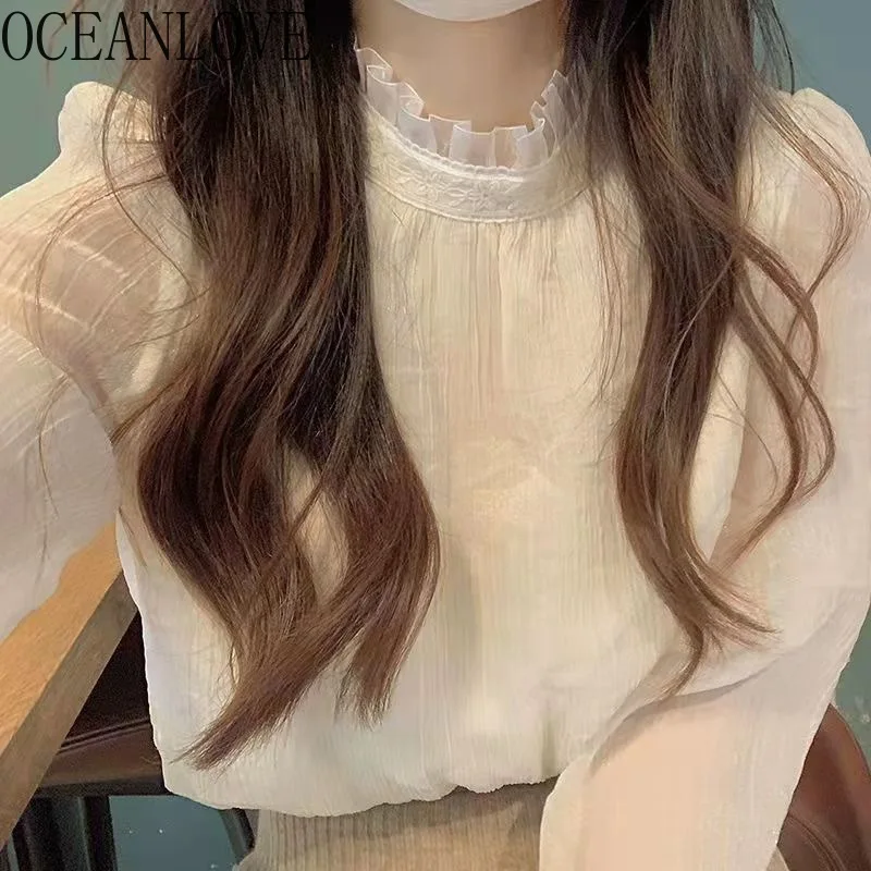 OCEANLOVE Spring Autumn Shirts&blouses Women Tops Solid Ruffles Stand Collar Blusas Mujer Elegant Korean Fashion Camisas