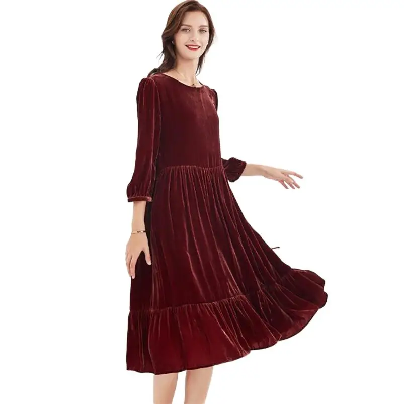 

Elegant Velvet Ruffles Midi Dress Autumn Women Designer Korean Dress 2024 Winter Office Lady Dress Vestidos robe longue clothes