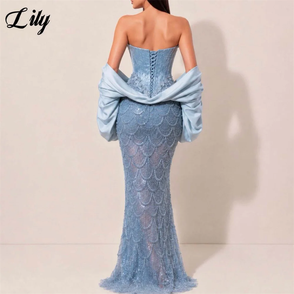 Lily Dusty Blue Prom Dress with Oversized Satin Shawl Formal Dress Beaded Crystal Mermaid Evening Dress for Women Customized