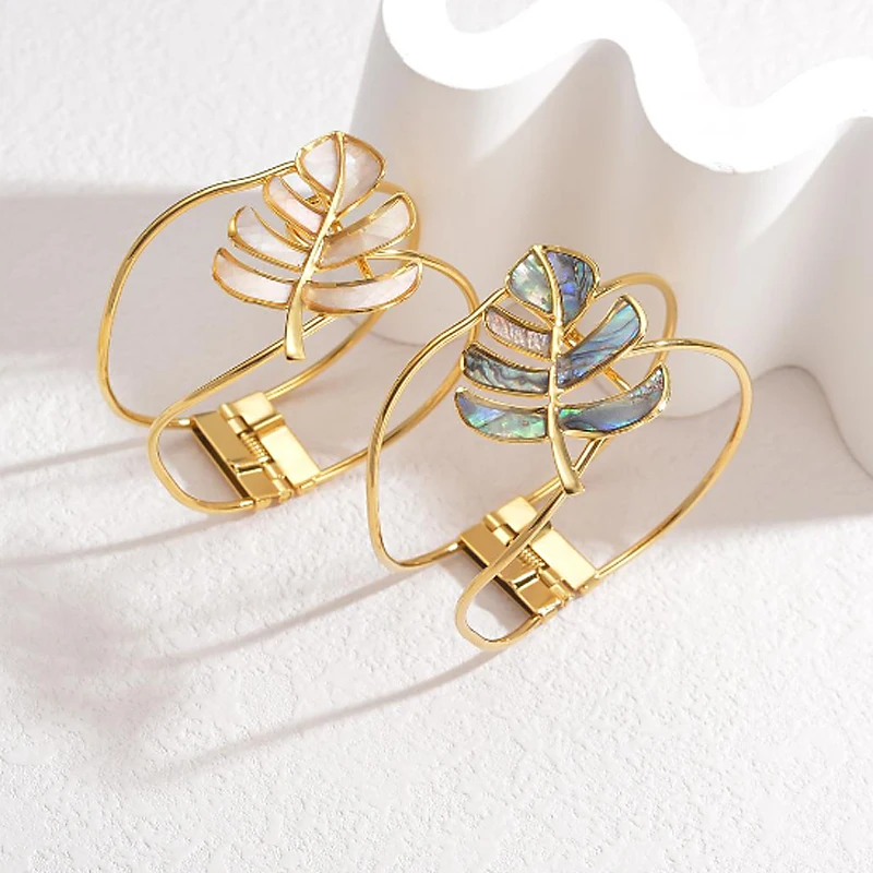 

Exquisite Starfish Leaf Shaped Inlaid Shell Bangle Gold Plated Stainless Steel Hollow Buckle Bracelet For Women Jewelry Gifts