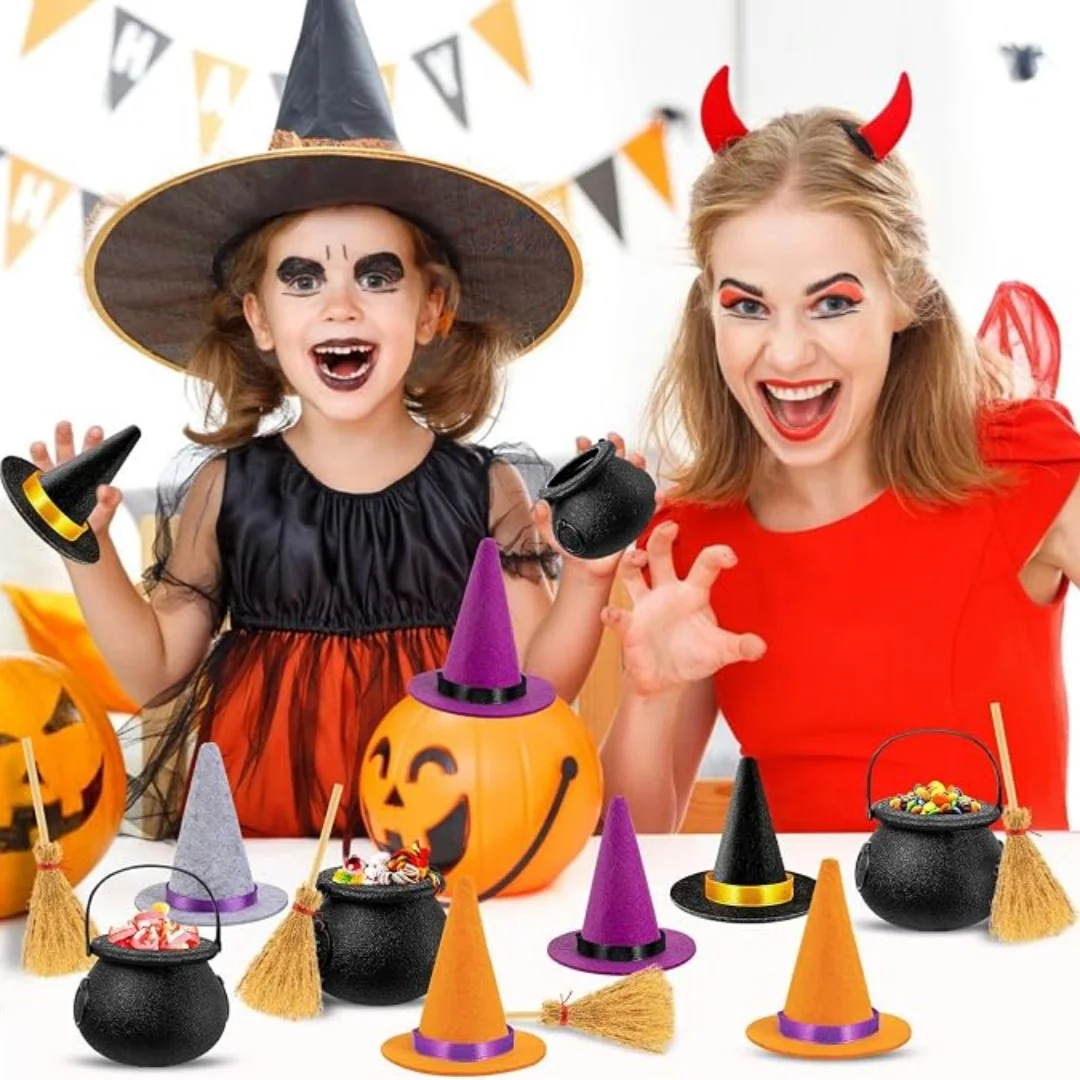 Mini Witch Hat, 20 Pcs Colorful Small Witches Hats for Crafts Halloween Party Decor Handmade Small Witch Toppers Bulk, Tiny Doll