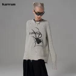 Karrcat Spider Print Harajuku Thick Sweater Women Gothic Vintage Ripped Grunge Y2k Jumper Streetwear Oversize Hiphop Pullover