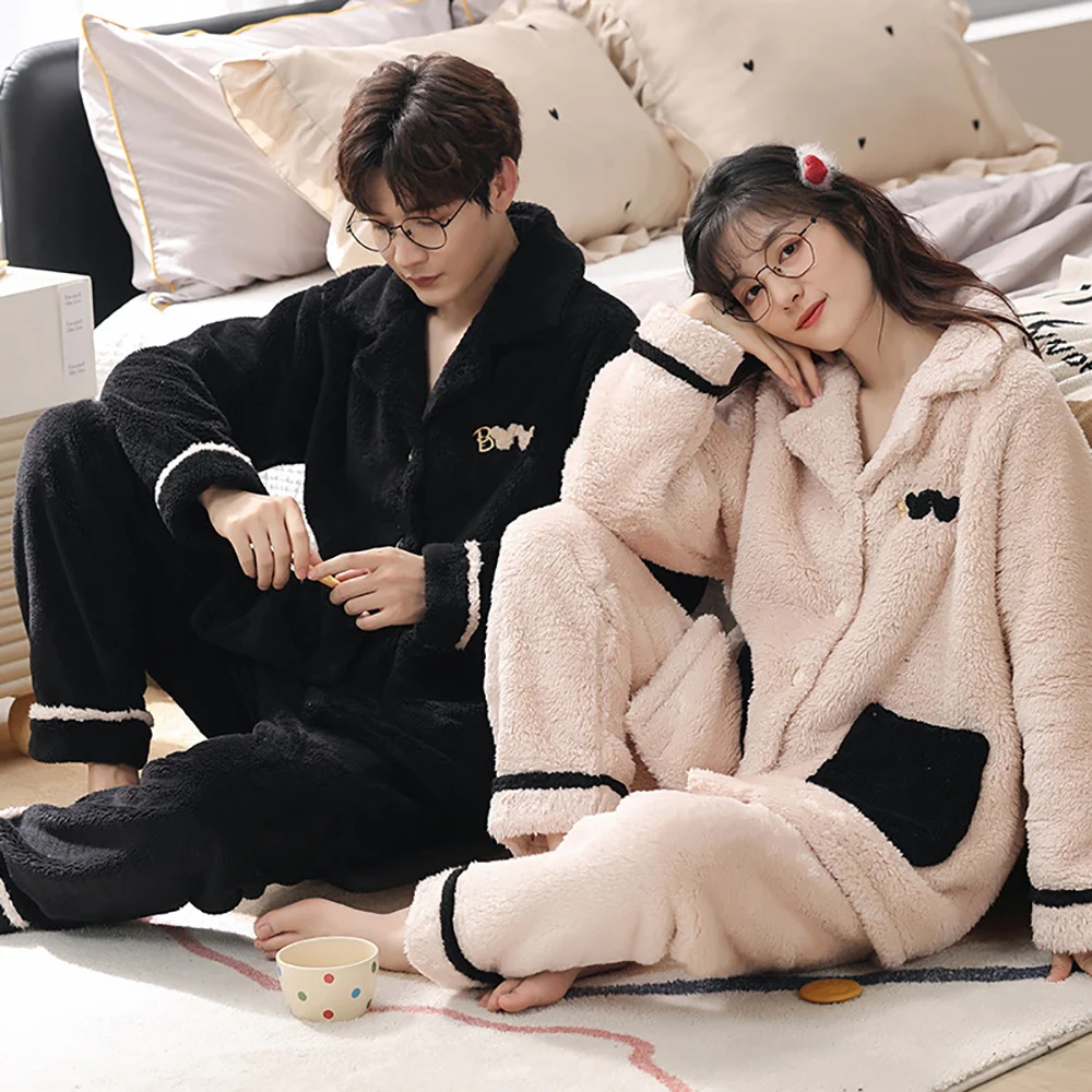 Casual Zipper Hooded Pajama Sets Winter Flannel Plush Thicken Warm Sleepwear New Fashion Cartoon Bear Pajamas In Set Couples