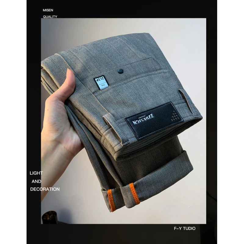 Pantalones informales de otoño para hombre, novedad de 2025, pantalones de negocios para ir al trabajo con estampado de rayas retro, elásticos, ajustados, con pierna recta pequeña