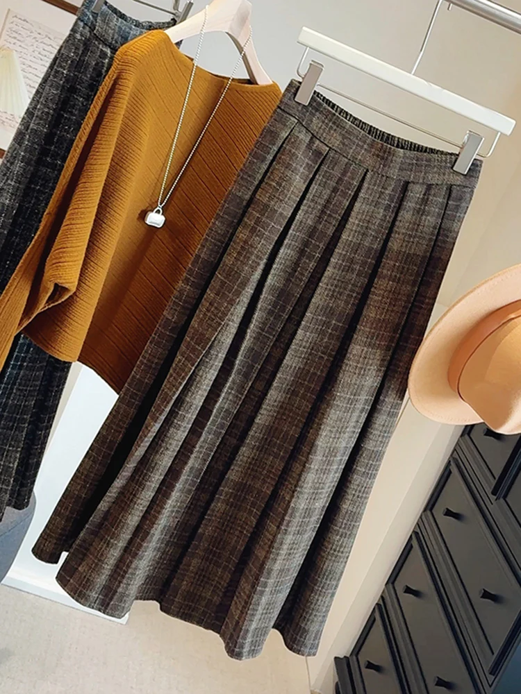 

Женская шерстяная юбка миди с высокой талией в клетку, осенне-зимняя новинка, приталенная, А-силуэт, плиссированная, в стиле колледж, ретро-дизайн