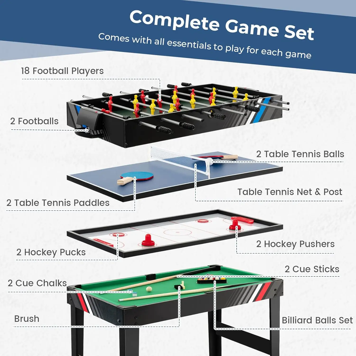 49" Multi Game Table, 4 in 1 Game Table with Foosball Table, Pool Billiards, Air Hockey & Table Tennis, Complete Combination