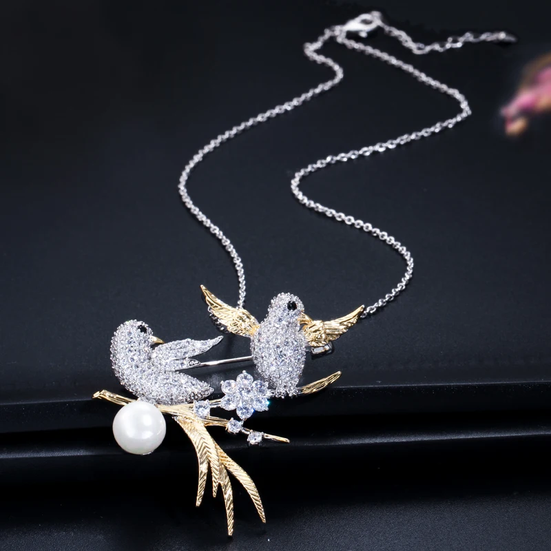 ThreeGraces Shiny Cubic Zirconia Simulated Pearl Animal Bird Shape Brooches for Women Luxury Evening Party Jewelry XZ025 image 3