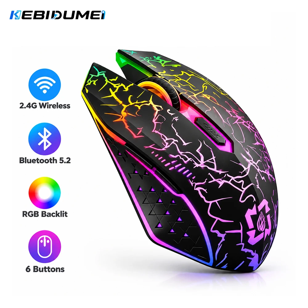 KEBIDUMEI 2,4-GHz-Funkmaus, Bluetooth 5.2-Maus, RGB-beleuchtete Gaming-Maus, wiederaufladbare, geräuscharme Maus für PC, Laptop und Macbook.