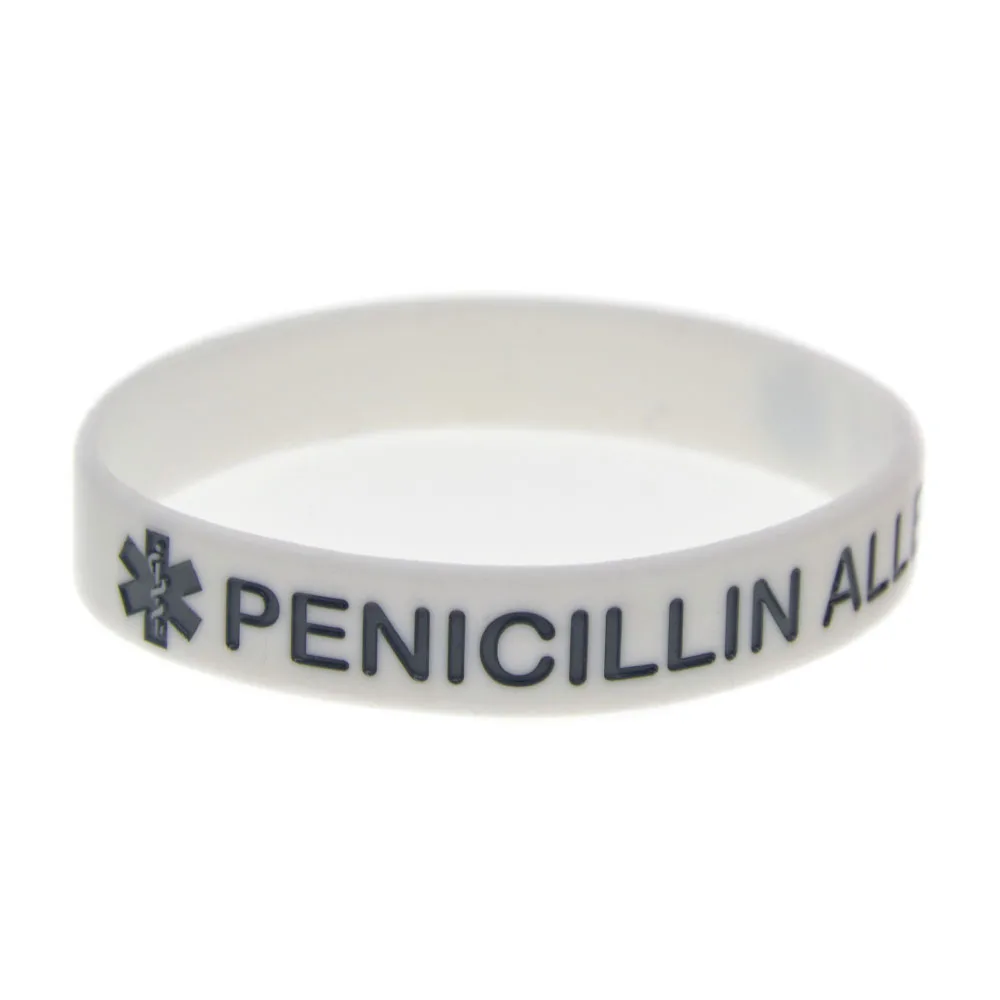 50 Stück medizinische Armbänder zur Identifizierung von Allergien gegen PENICILLIN, aus Silikonkautschuk, Erwachsenengröße, 4 Farben. – Detail 5
