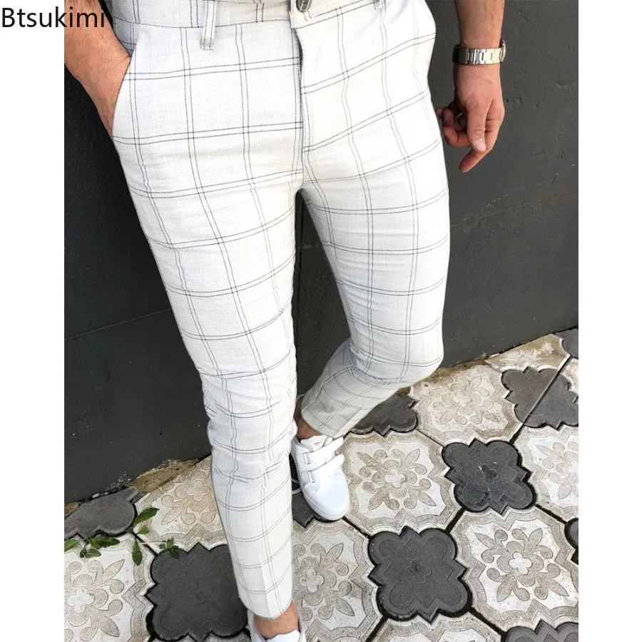 Pantalones clásicos con estampado a cuadros para hombre, pantalón informal, ajustado, elástico, versátil, para negocios y uso diario, 2024