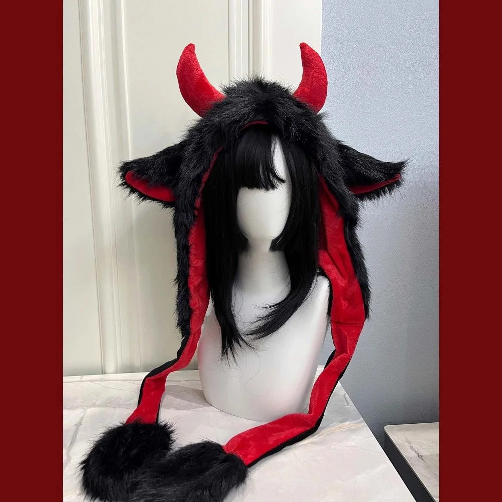 

Japan Yabi Cute Devil Ears Cow Horn Black/Red Hat Women Autumn Winter Warm Ear Protection Set Head Cap Y2K Beanies