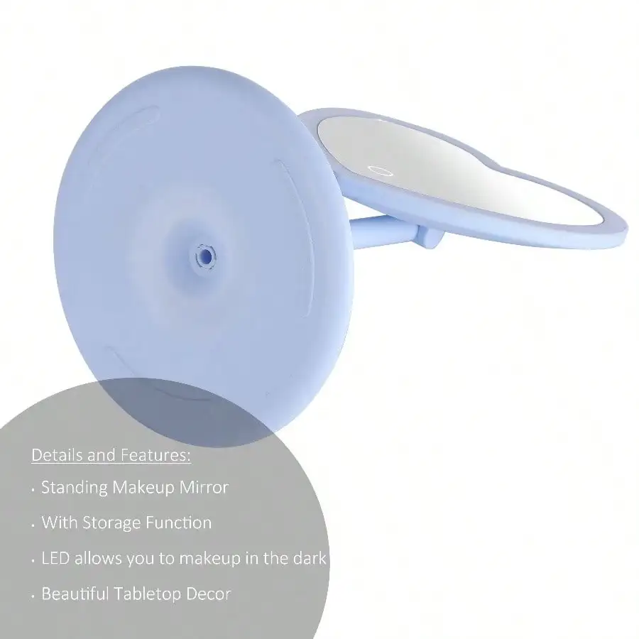 Grande luz azul moldura de plástico mesa em forma de coração espelho iluminado por LED com bandeja de bugigangas para decoração de vaidade do quarto