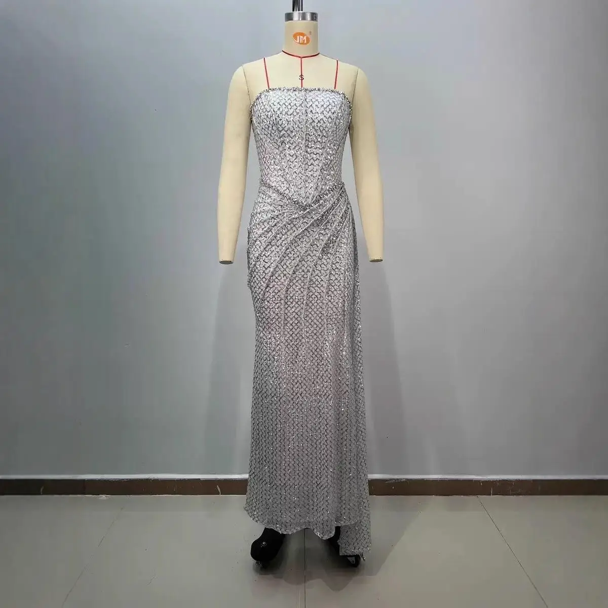   Lange pailletten bruidsmeisje Dr Faionable avondjurk Independent Station grensoverschrijdende taille diamanttextuur geplooid