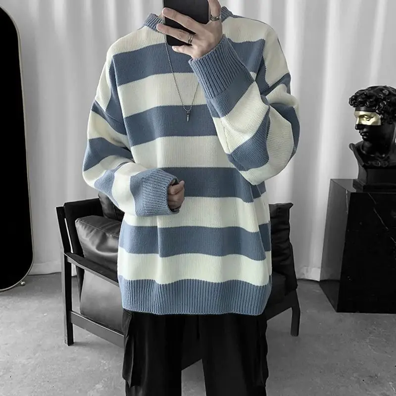 

2023 Autumn Winter New Round Neck Long Sleeve Knit Sweater Men Fashion Pullover Striped Loose Casual All-match Tops Male X27