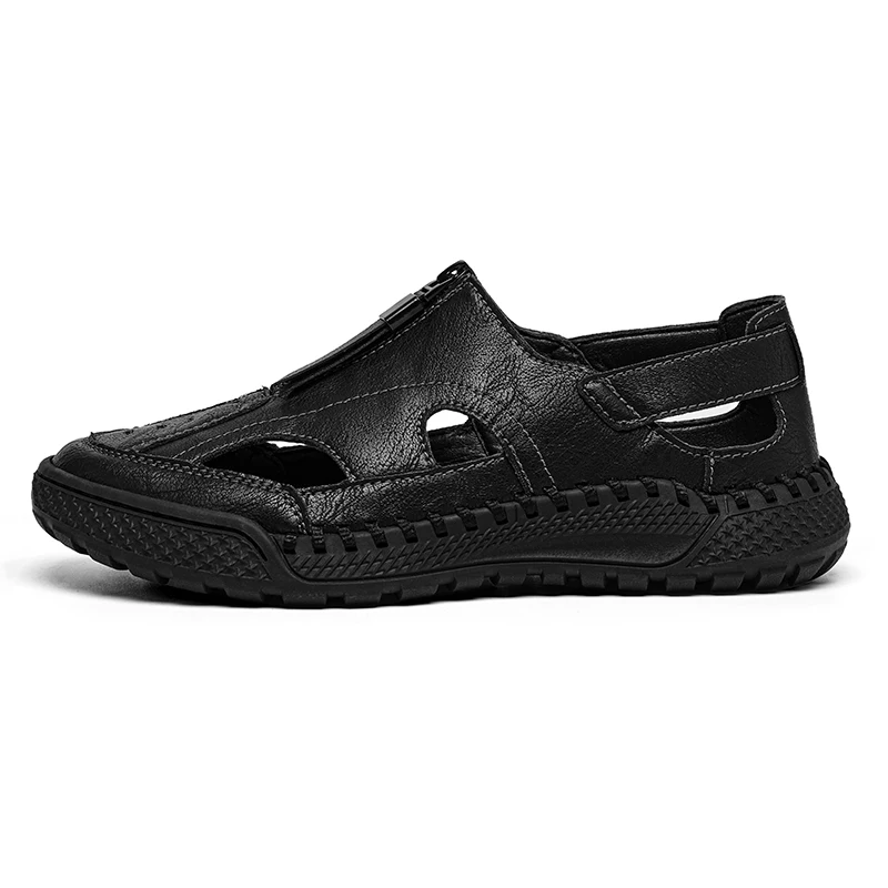 2025 Summer hot sale Sewn sandal for man black outdoor mens casual big size shoes traveling sandals zipper beach walking shoes
