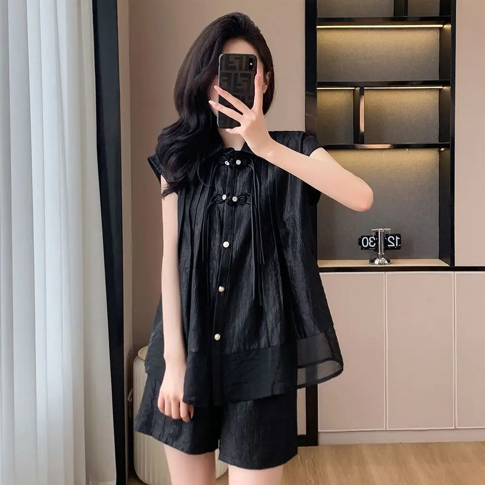 Women\'s Loose Fitting Casual Fashion Set Summer New Chinese Style Button Up Sleeveless Shirt and Shorts Two-piece Set for Women