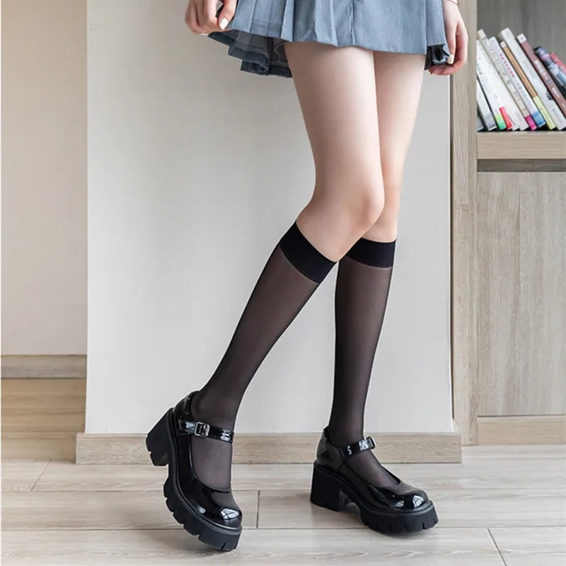 Black Mid-Calf Length Stockings Women's Spring and Autumn Thin Snagging Resistant Knee Socks Half Long TubejkCalf socksinsTide S