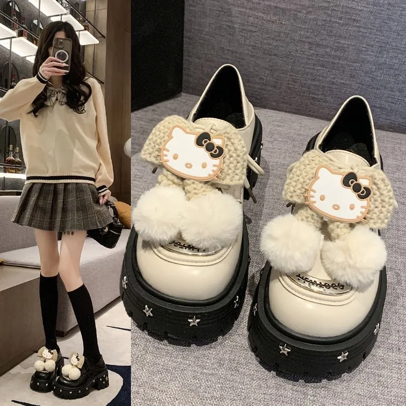 Sanrio Japanese Hello Kitty Mary Jane Small Leather Shoes Cute Student Lolita Shoes Platform Y2k Shoes 2024 Spring Summer New