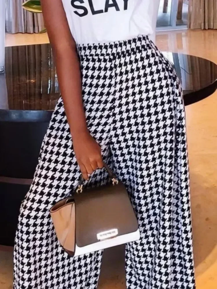 Yeezzi Women's High Waist Wide Leg Pants 2025 New Fashion Houndstooth Loose Urban Casual Full Length Trousers For Office Ladies