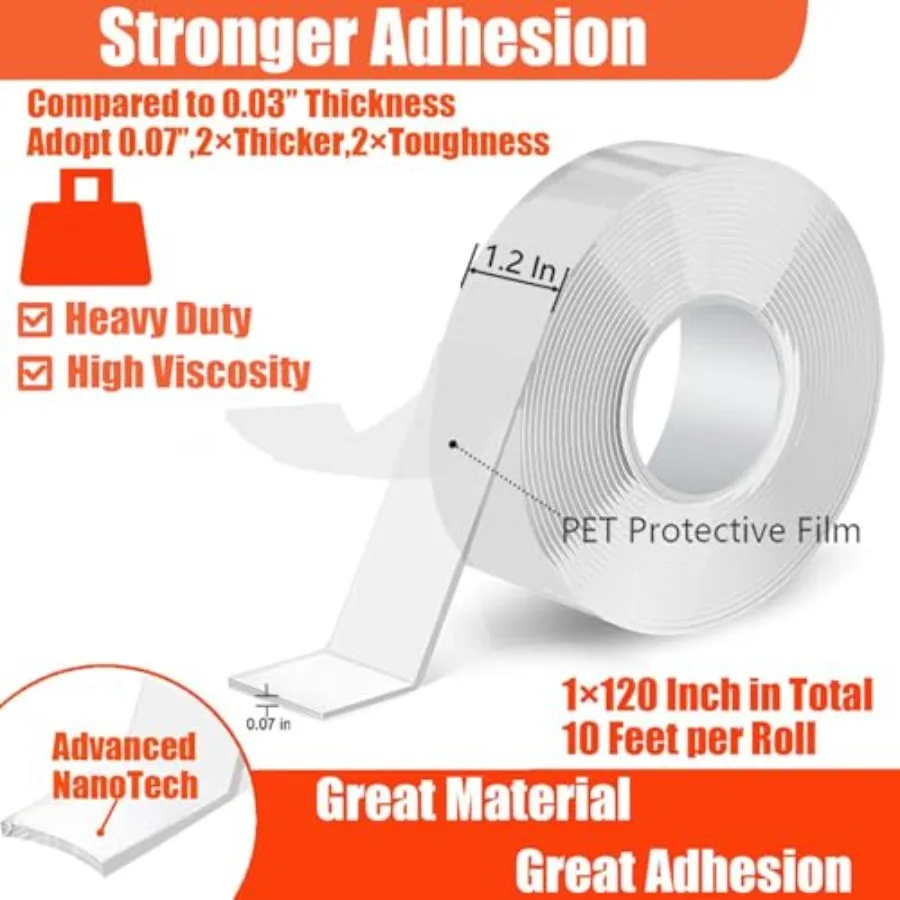 Double Sided Heavy Duty Extra Strong Adhesive Tape - 1.2 Inch x 10 feet - Removable Nano Tape for Poster Carpet Picture Hanging
