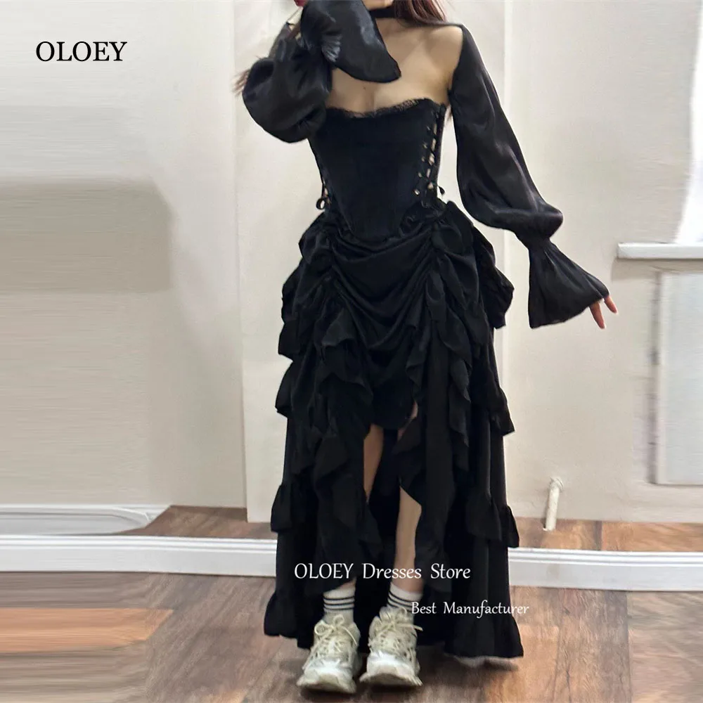 

OLOEY Black Evening Dresses With Jacket Long Sleeves Lace Taffeta Ruffles Party Dress Girls Formal Occasion Gowns Robe de soiree