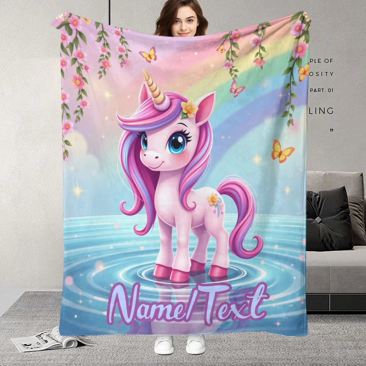 Anpassbare Flanelldecke mit niedlichem Einhornmuster, geeignet für Sofa, Büro, Bett, Reisen, Camping, geeignet für alle Jahreszeiten