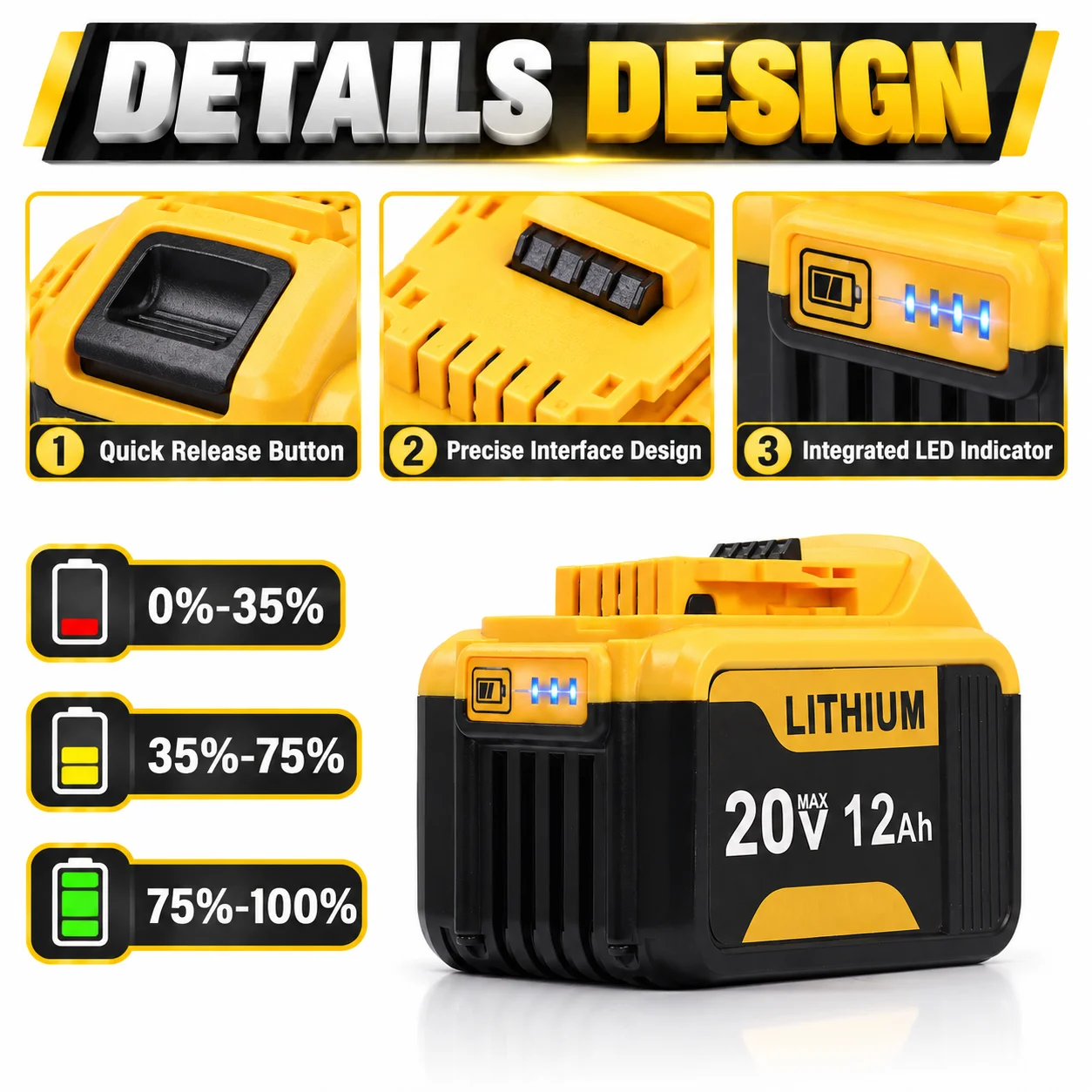 6/4/2-Pack Upgraded High-Capacity12Ah Rechargeable Lithium Battery for DeWalt 20V MAX XR, Fits DCB206 DCB205 DCB182 DCB201 Power Tools