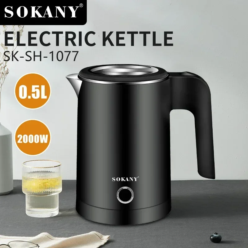 Hervidor de té eléctrico pequeño de 0,5 l, Caldera de agua caliente de doble pared, hervidor eléctrico portátil de viaje, hervidor rápido para té y