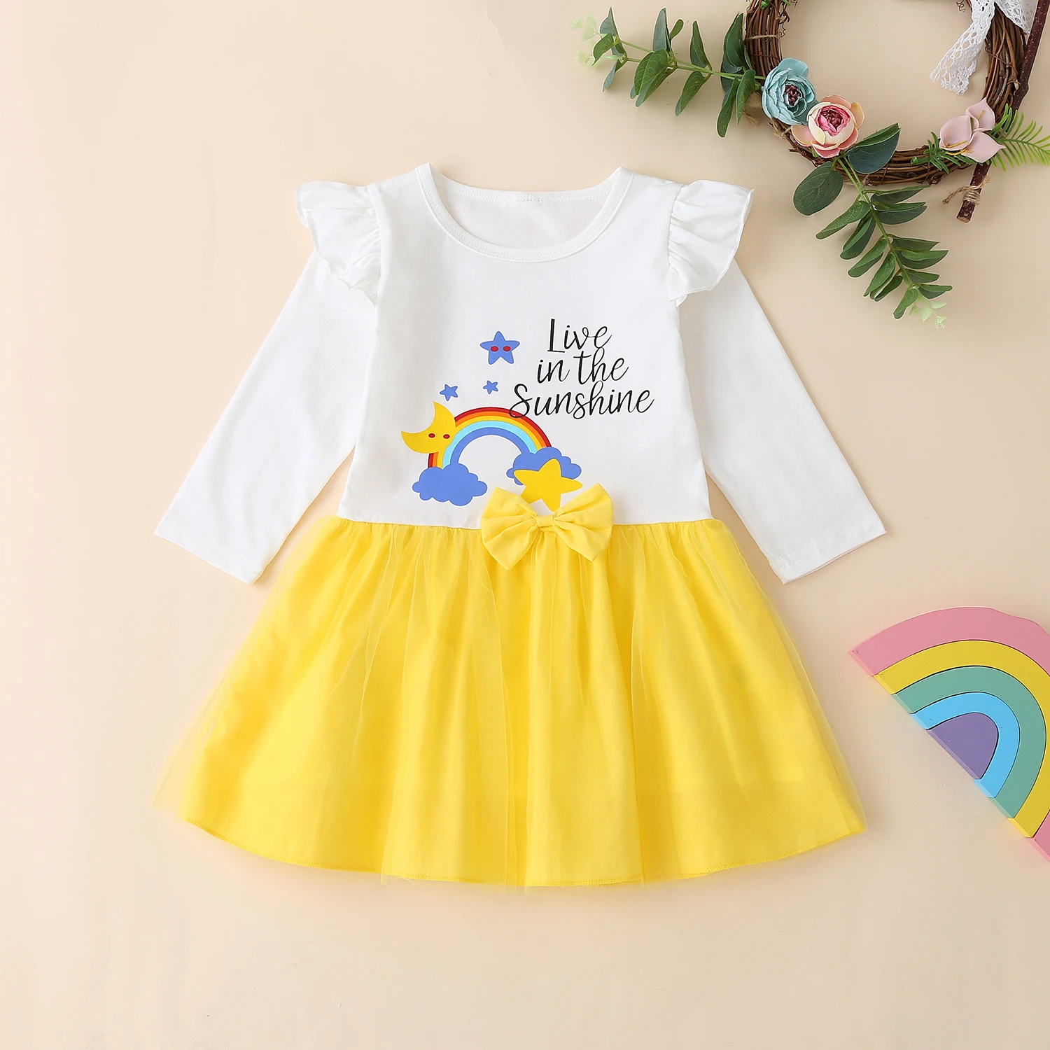 Baby Girls Long Sleeves Dress with Rainbow printing Clothes Cotton Christmas Party Dress for Children Autumn Kids Clothes