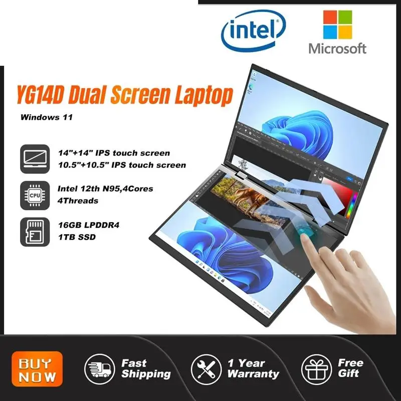 New! Dual Screen Laptop 14+14 Inch 2K Touch Screen Notebook Intel N95 CPU 360 Degree Flip Metal Case 2 in 1 Laptop Computer