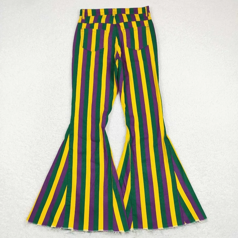 Fashion Adult Women Mama Purple  Green And Gold Striped Denim Trousers Wholesale Boutique Adult Clothes Long Pants