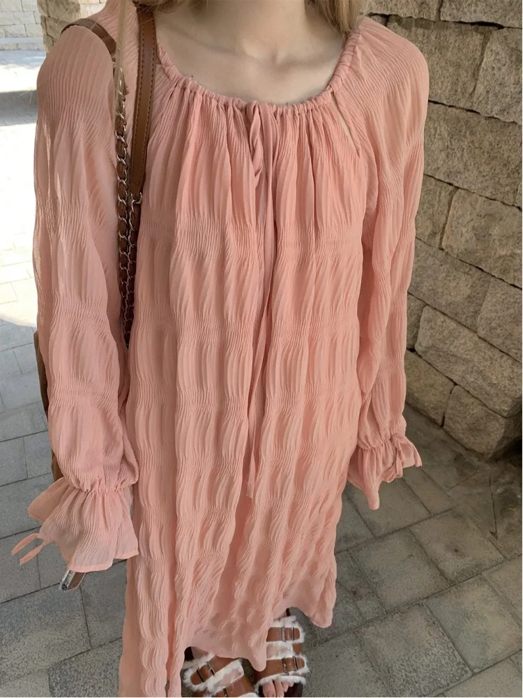 

plus Size Women's Gown with Belt Loose Hollow out Folded Design Slimming Concealing Long Korean Style Commute Autumn Dress