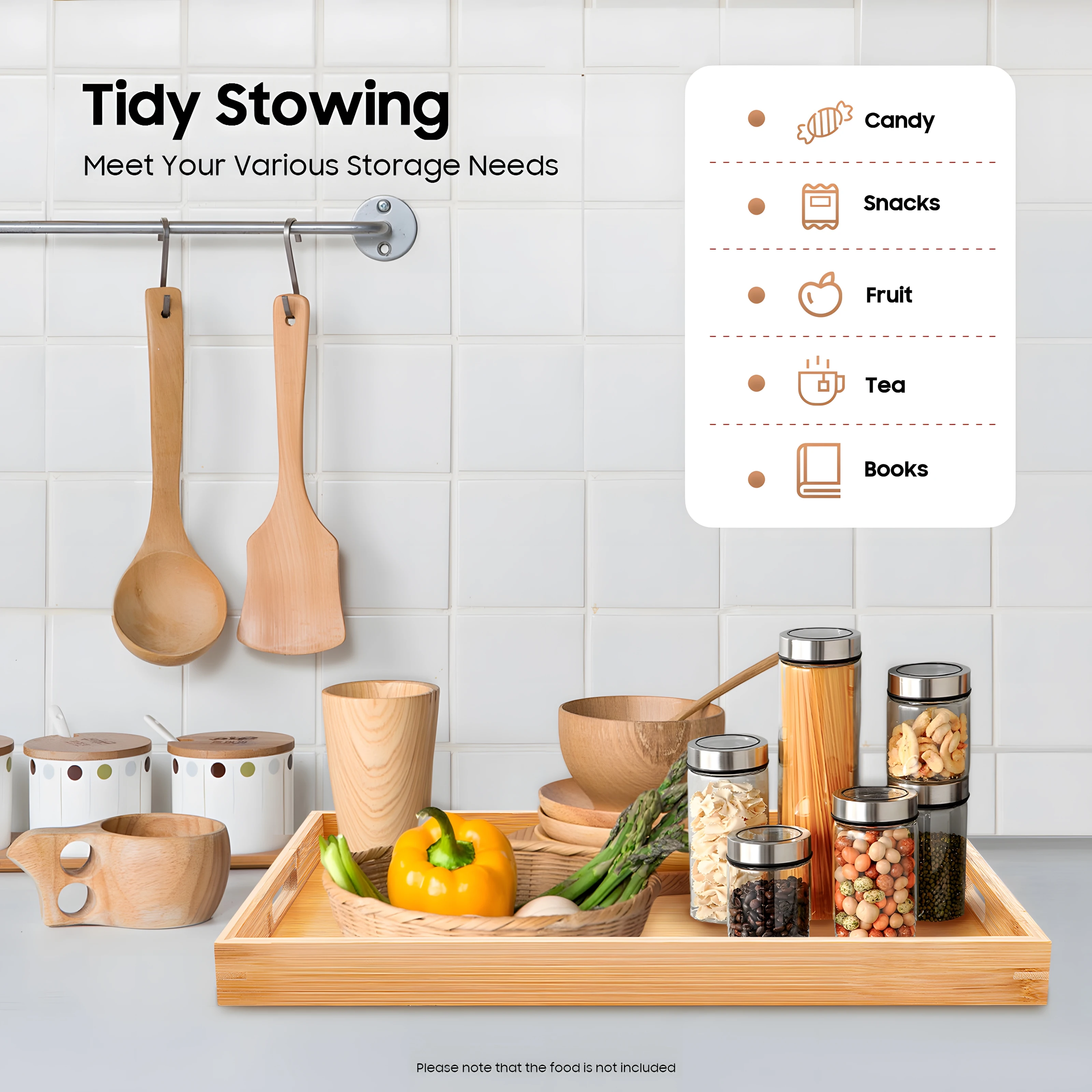 Plateau de service en bambou 4 pièces, plat de petit déjeuner rectangulaire en bois, assiette à café décorative avec poignées pour Fruits, gâteaux, boissons